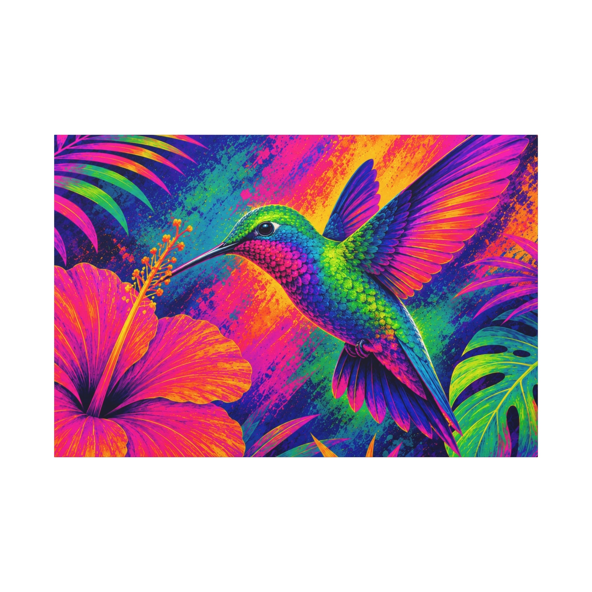 Colorful illustration of a hummingbird and flowers on a vibrant background