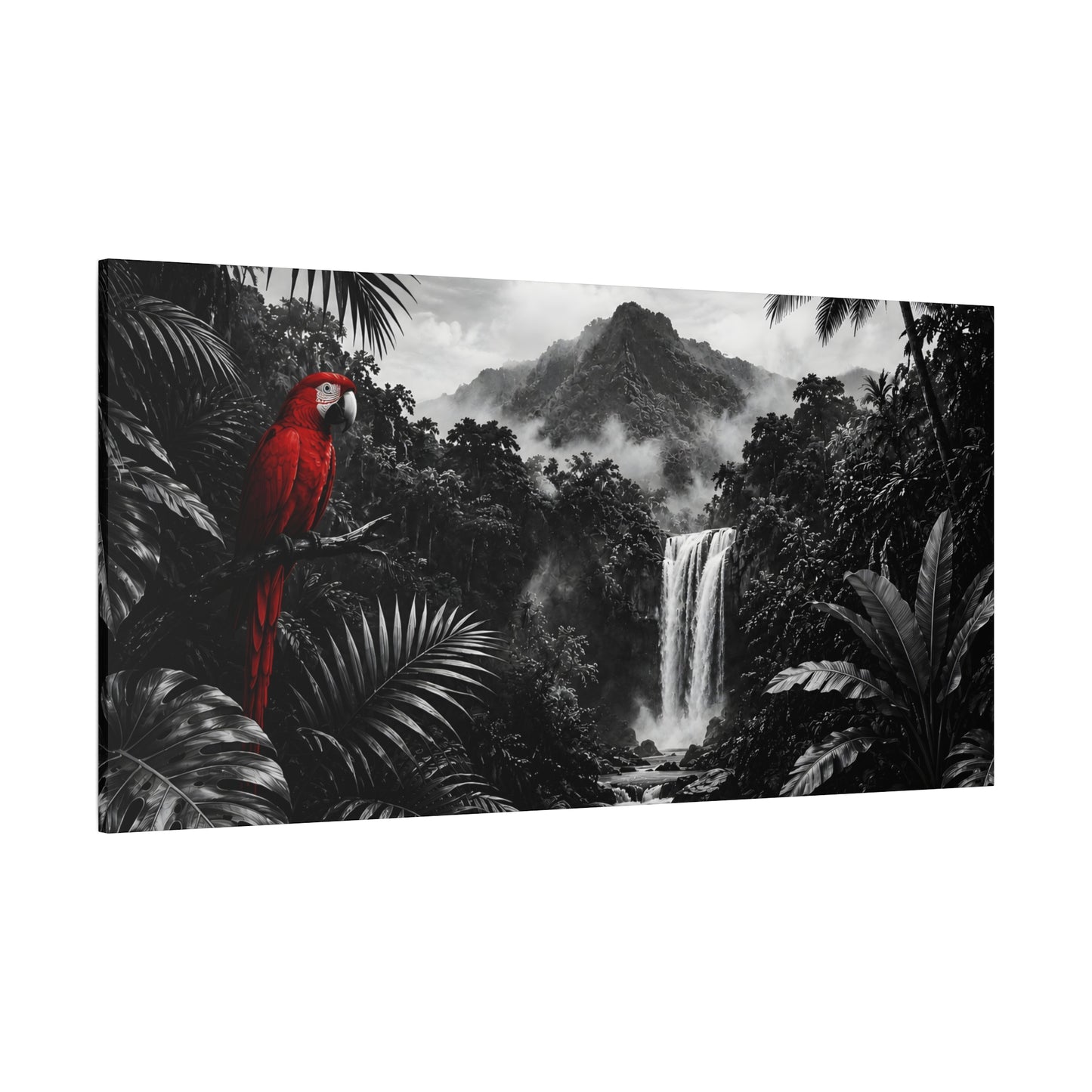 Red parrot on a branch with a black and white waterfall and jungle background