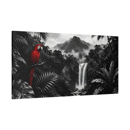 Red parrot on a branch with a black and white waterfall and jungle background