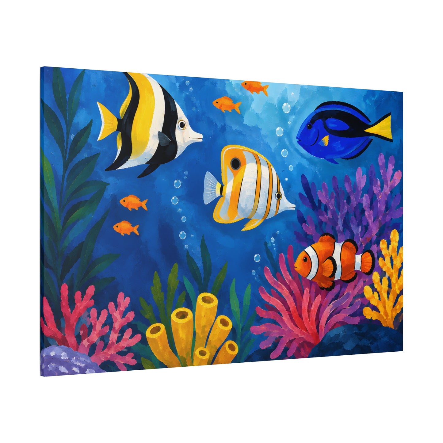 Canvas print of an underwater scene with colorful fish and coral.