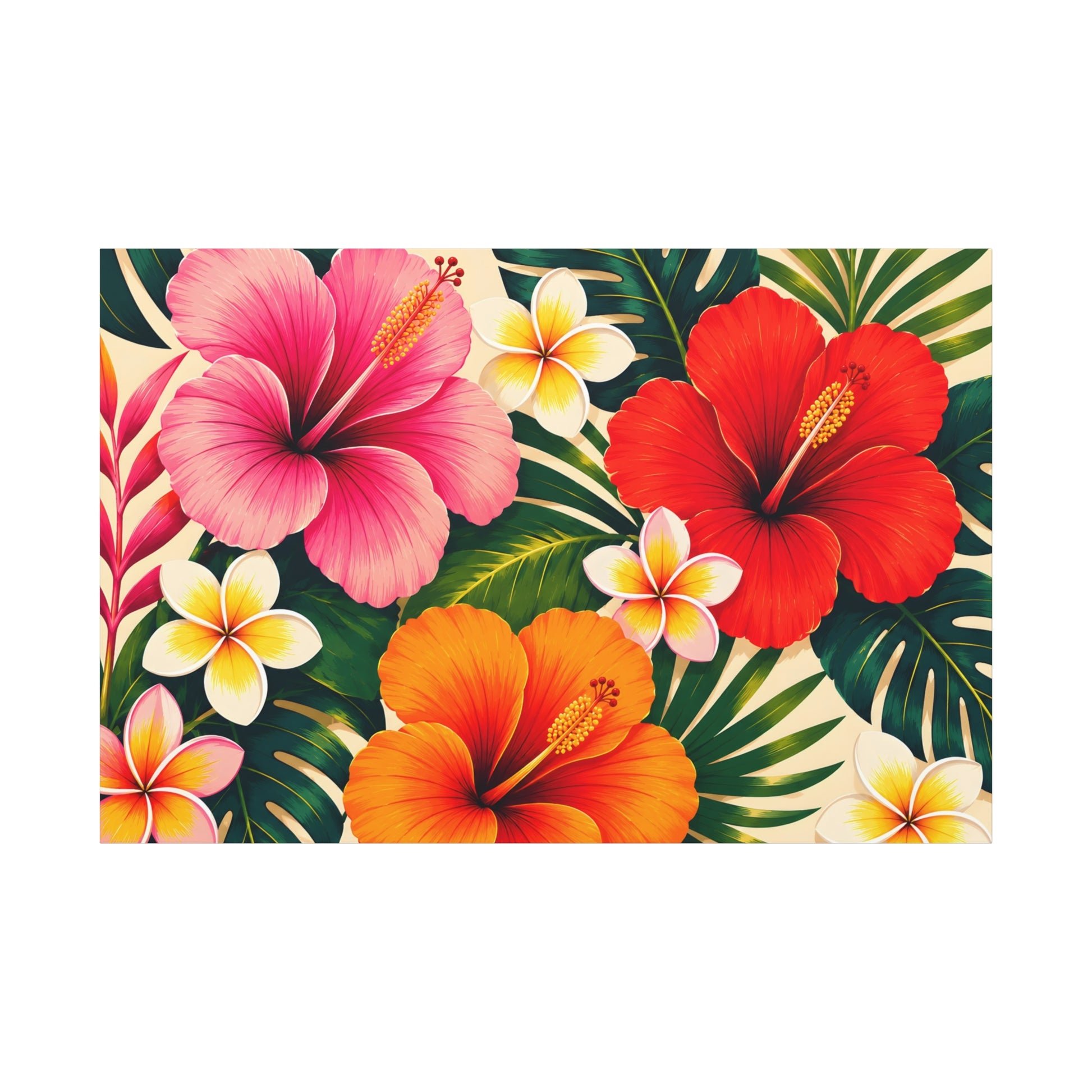 Colorful floral design with hibiscus and plumeria flowers on a white background