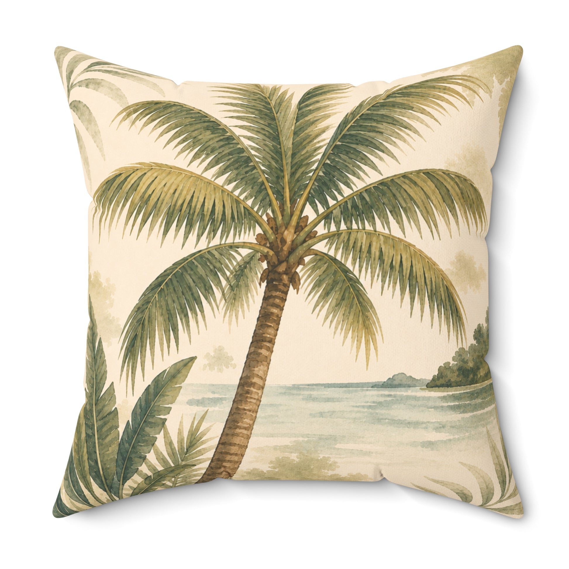 Pillow with palm tree design on a beige background