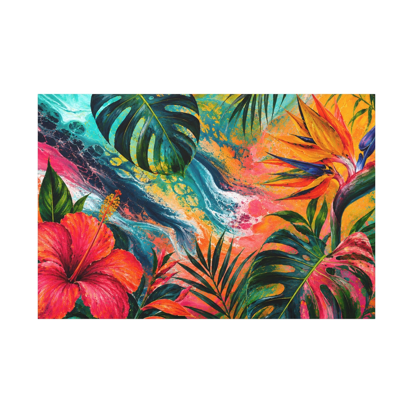 Colorful tropical floral design with hibiscus and palm leaves on a white background