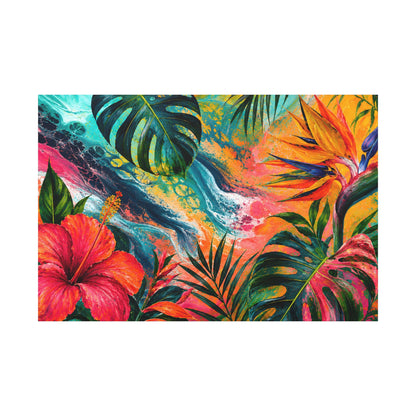 Colorful tropical floral design with hibiscus and palm leaves on a white background