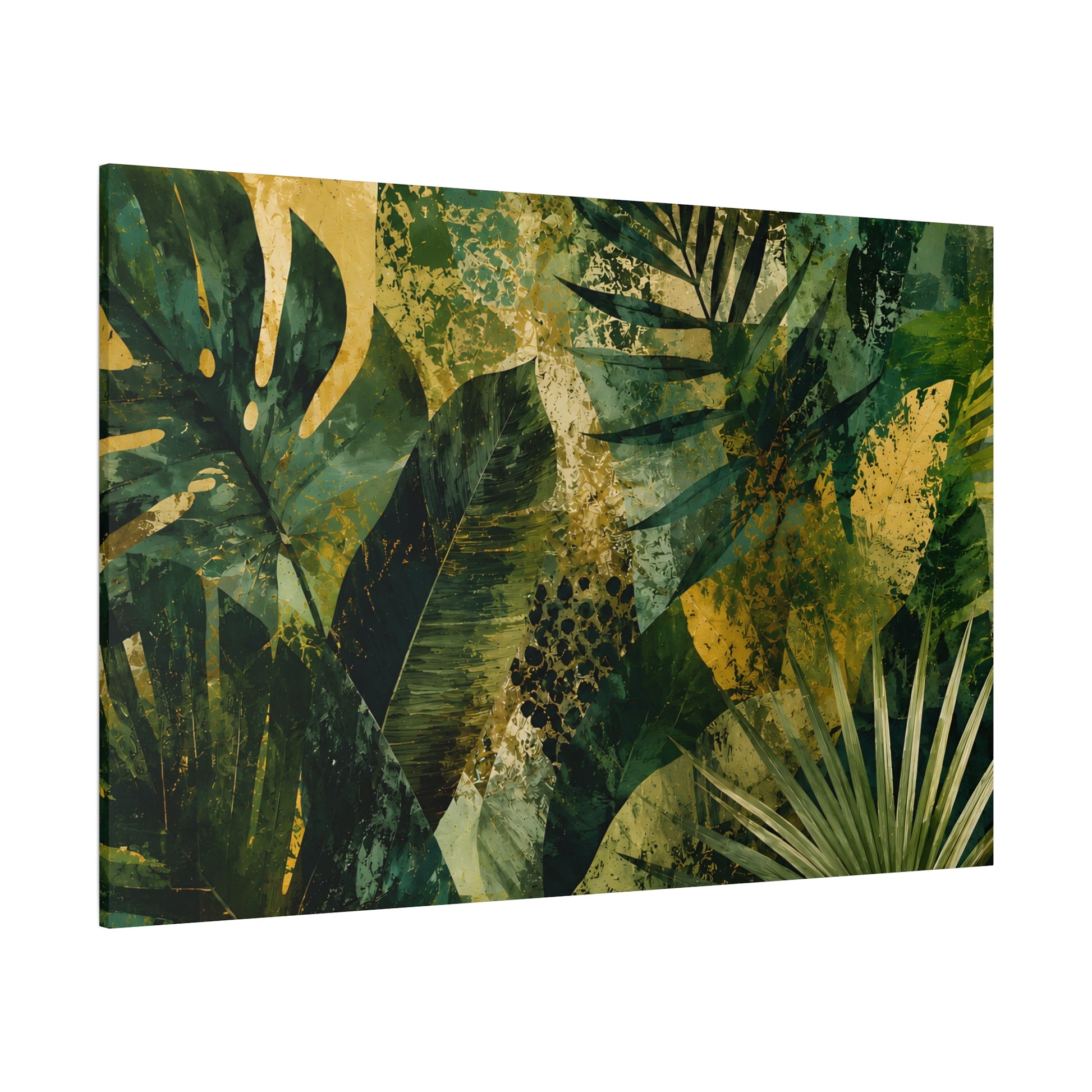 Canvas print with abstract green and gold leaf design on a white background