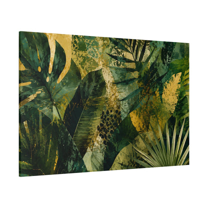 Canvas print with abstract green and gold leaf design on a white background