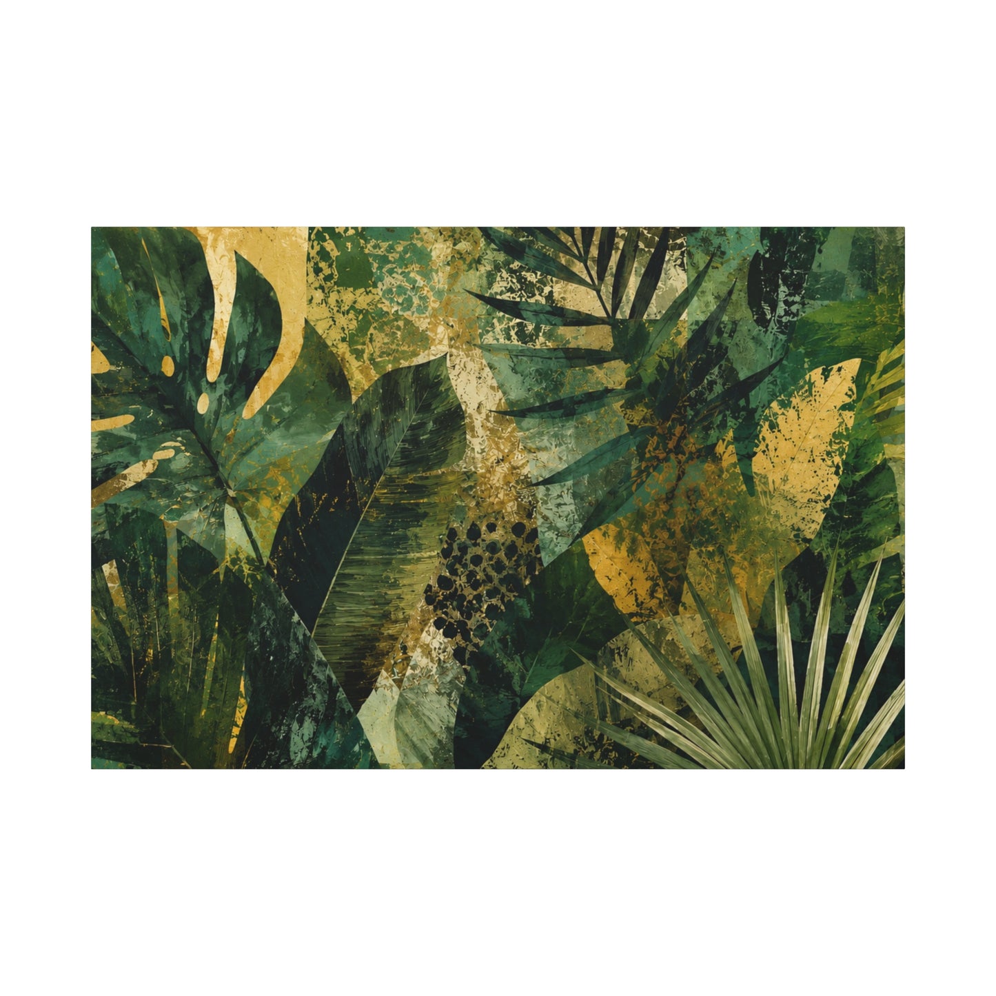 Tropical Leaf Matte Canvas Wall Art - Green & Gold Botanical Stretched Print