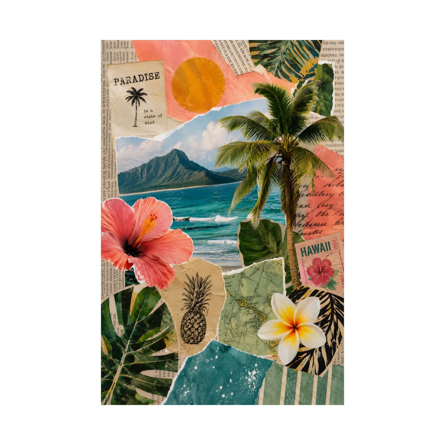 Tropical Paradise Collage Poster — Hawaiian Beach Palm Vintage Travel Wall Art