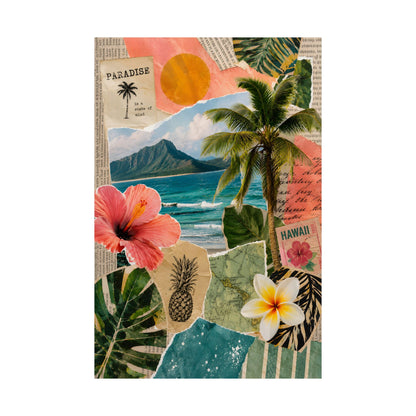 Collage of tropical elements including palm trees, flowers, and mountains on a white background.