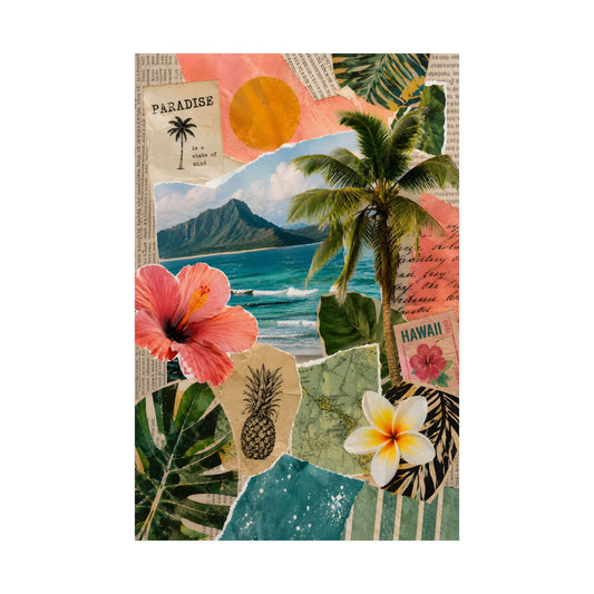 Collage of tropical elements including palm trees, flowers, and mountains on a white background.
