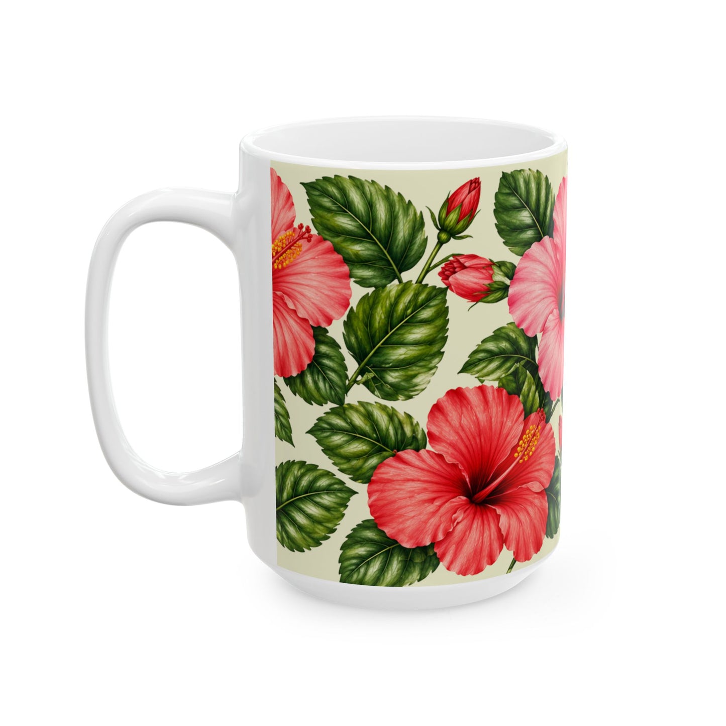 Hibiscus Floral Ceramic Mug — Tropical Pink & Peach Flower Coffee Cup (11oz, 15oz)