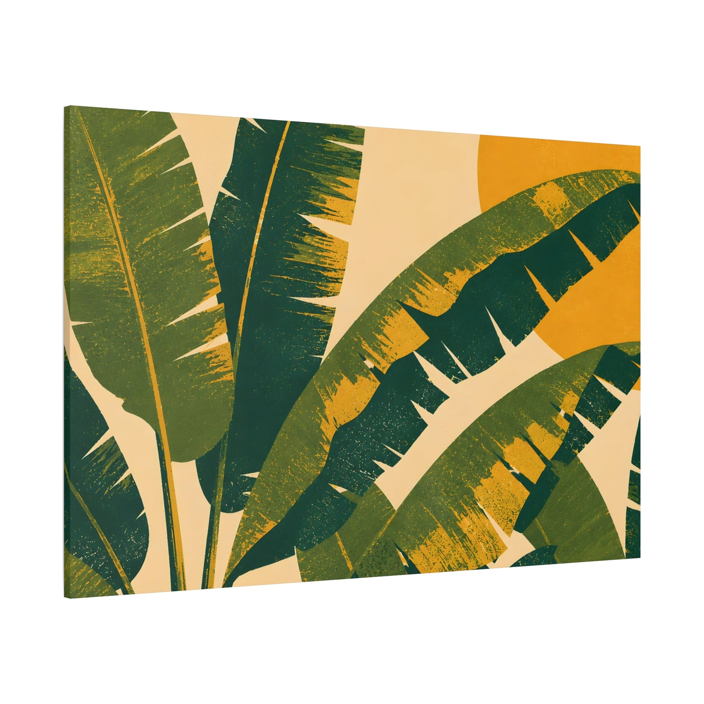 Canvas print with green and brown leaf design on a beige background
