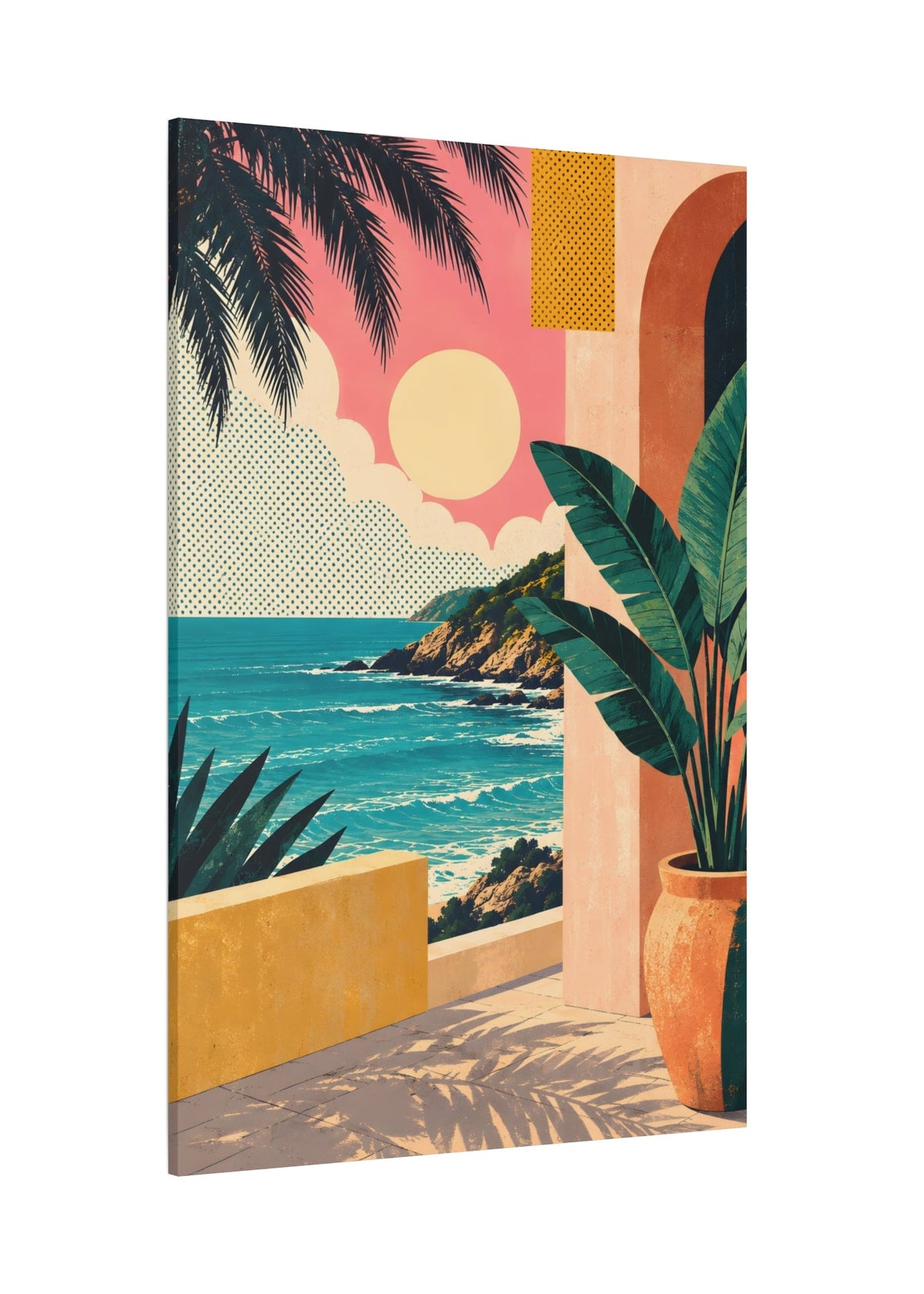 A vertical canvas wall art print featuring a retro-style tropical coastal scene with palm leaves, a potted plant, turquoise ocean water, rocky cliffs, and a pink sky with a yellow sun, shown at an angle against a plain white background.
