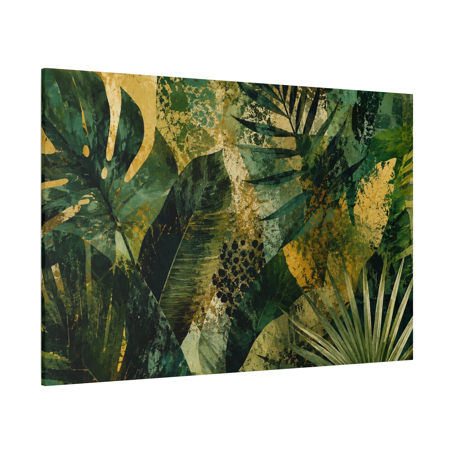 Tropical Leaf Matte Canvas Wall Art - Green & Gold Botanical Stretched Print