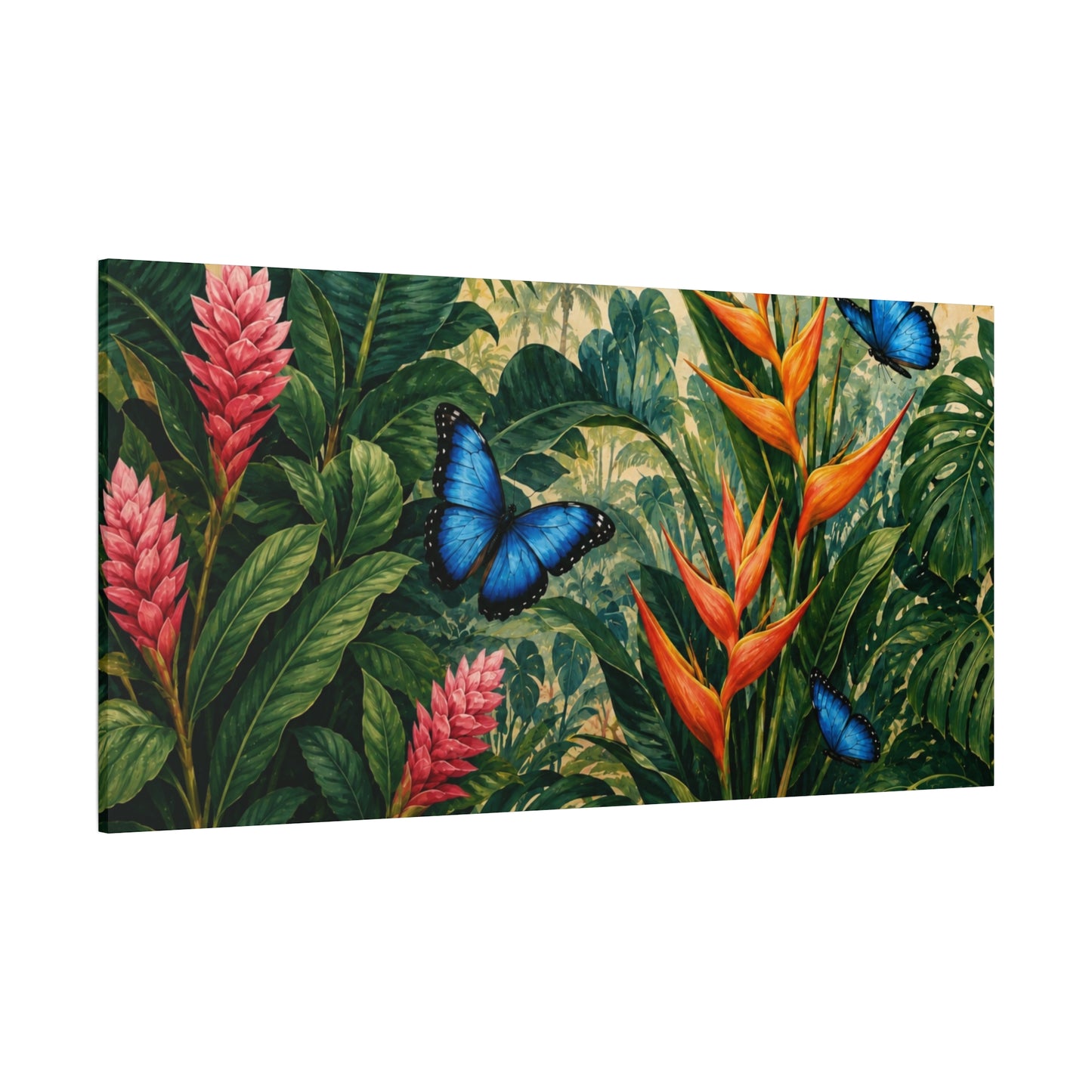 Tropical Butterfly Canvas Wall Art — Blue Butterflies & Exotic Foliage Matte Stretched Print