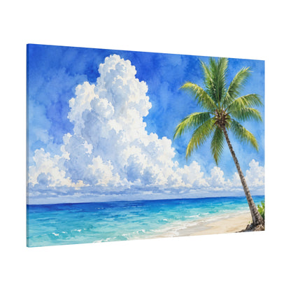 Canvas print of a tropical beach scene with a palm tree, blue sky, and white clouds.