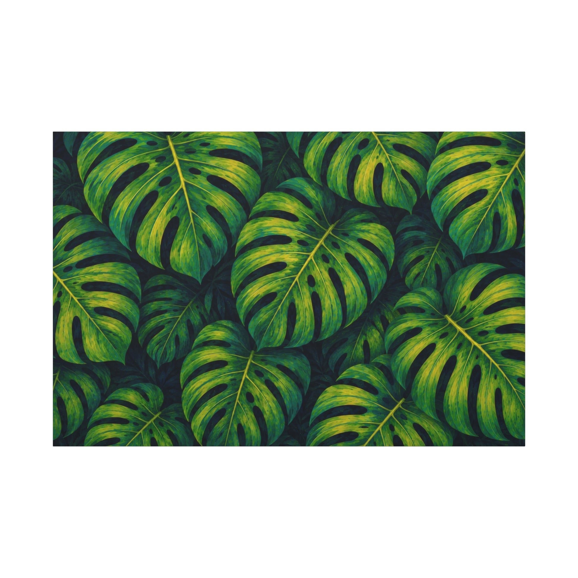 A rectangular canvas print featuring a dense pattern of overlapping green monstera leaves with yellow highlights, shown against a plain white background.