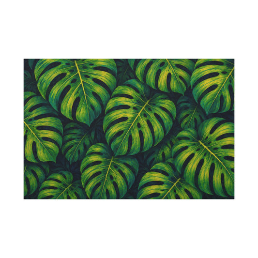A rectangular canvas print featuring a dense pattern of overlapping green monstera leaves with yellow highlights, shown against a plain white background.