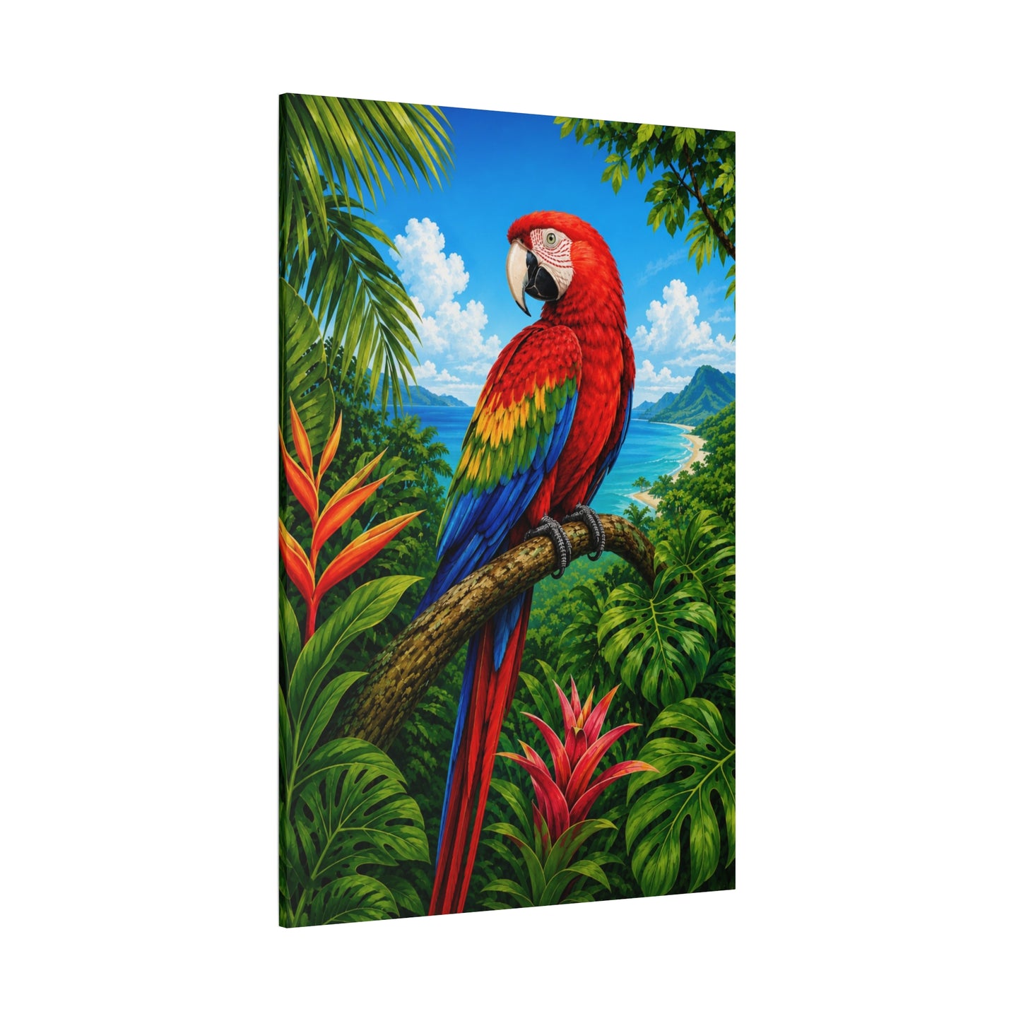 Tropical Parrot Canvas Wall Art – Colorful Scarlet Macaw Beach Scene