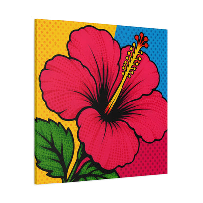 A square pop-art style wall art print featuring a large pink hibiscus flower with green leaves, set against a split yellow and blue background with halftone dots.