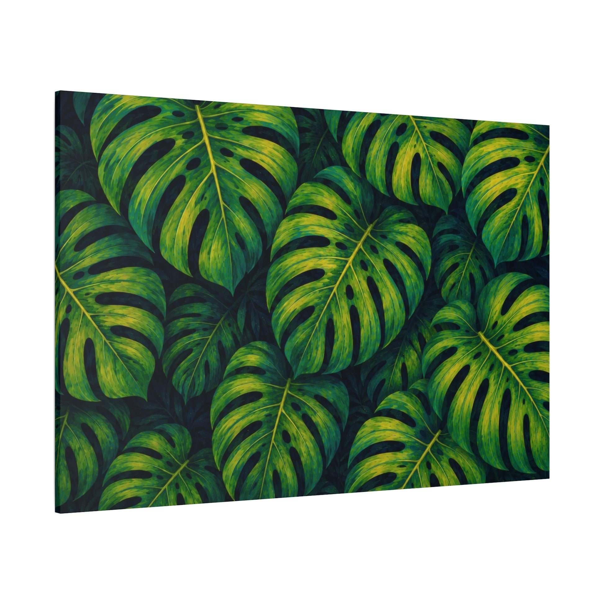 A rectangular canvas wall art print featuring a close-up tropical pattern of green monstera leaves on a dark background, shown at a slight angle against a plain white backdrop.