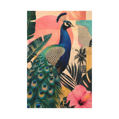 Colorful design with a peacock, tropical leaves, and flowers on a patterned background