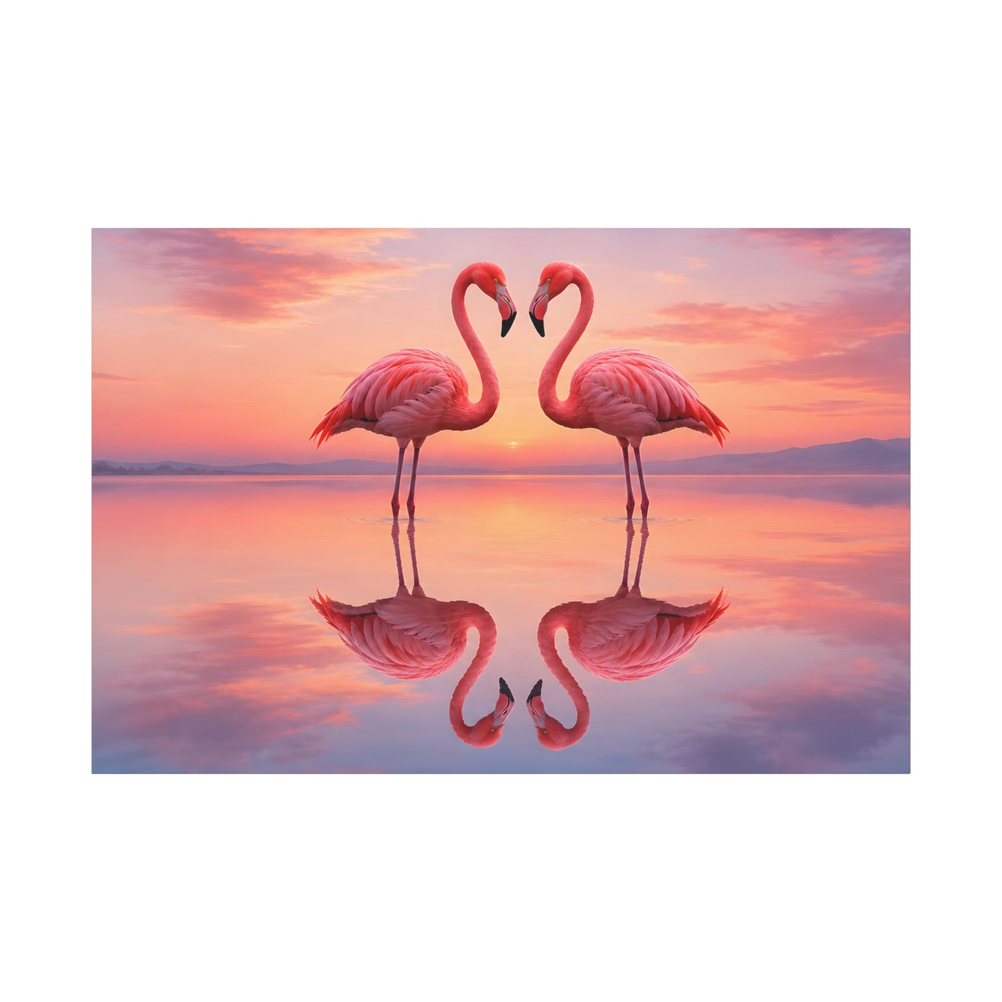 Flamingo Sunset Canvas Wall Art — Romantic Pink Flamingos Stretched Matte Print