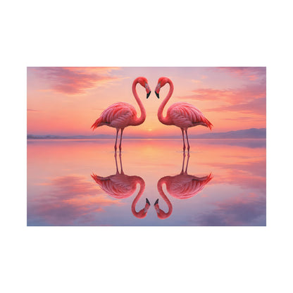 Two pink flamingos standing in water with a colorful sunset reflection.
