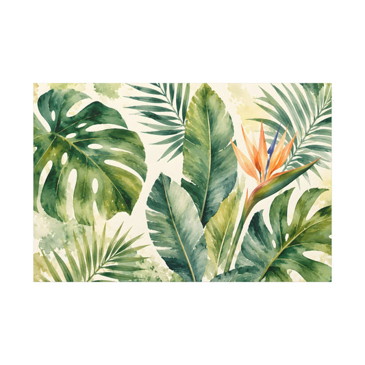 Illustration of tropical leaves and a bird of paradise flower on a white background