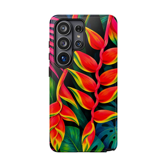 Phone case with tropical leaf design on a white background