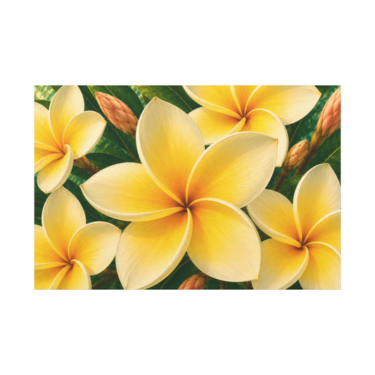 A rectangular floral artwork featuring bright yellow and cream plumeria flowers with green leaves and small brown buds, centered on a white background.