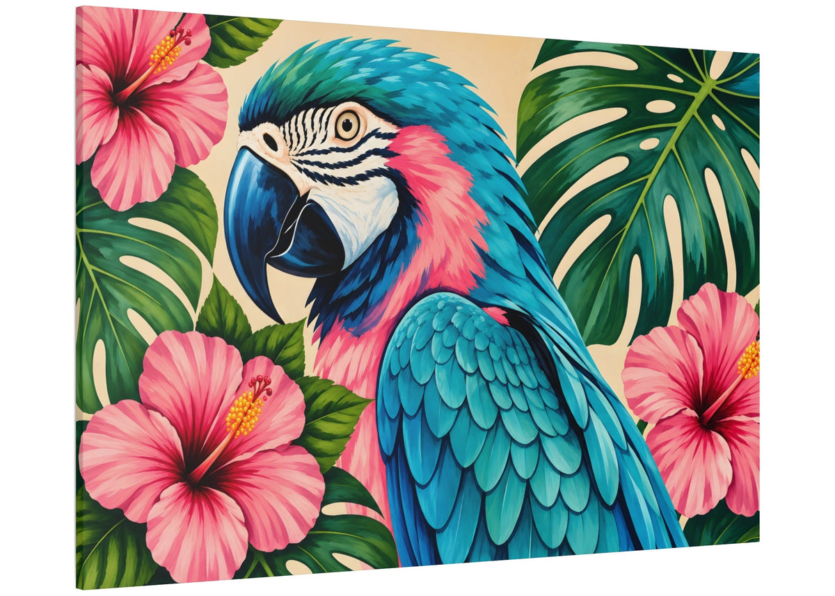 A square canvas wall art print featuring a colorful parrot surrounded by pink hibiscus flowers and green monstera leaves on a cream background, shown at a slight angle against a white backdrop.