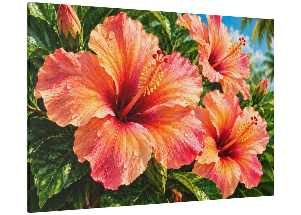 A rectangular canvas wall art print showing large pink and orange hibiscus flowers with green leaves and a small patch of blue sky, photographed against a plain white background.