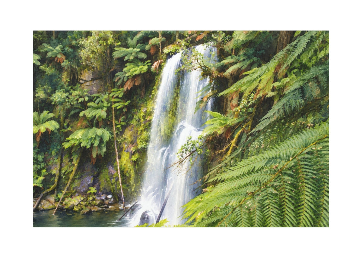 A rectangular canvas print depicting a lush tropical waterfall scene with green ferns, mossy rocks, and flowing water, shown against a plain white background.