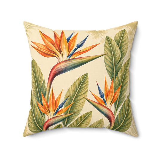 Bird of Paradise Faux Suede Pillow — Tropical Floral Square Throw Pillow