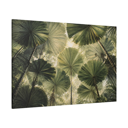 A rectangular wall art print or canvas showing an upward view of tall palm-like tropical leaves in shades of green and beige, photographed against a plain white background.