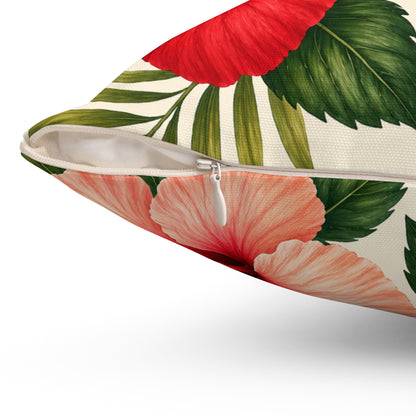 Tropical Hibiscus Throw Pillow – Red Floral Square Decorative Pillow