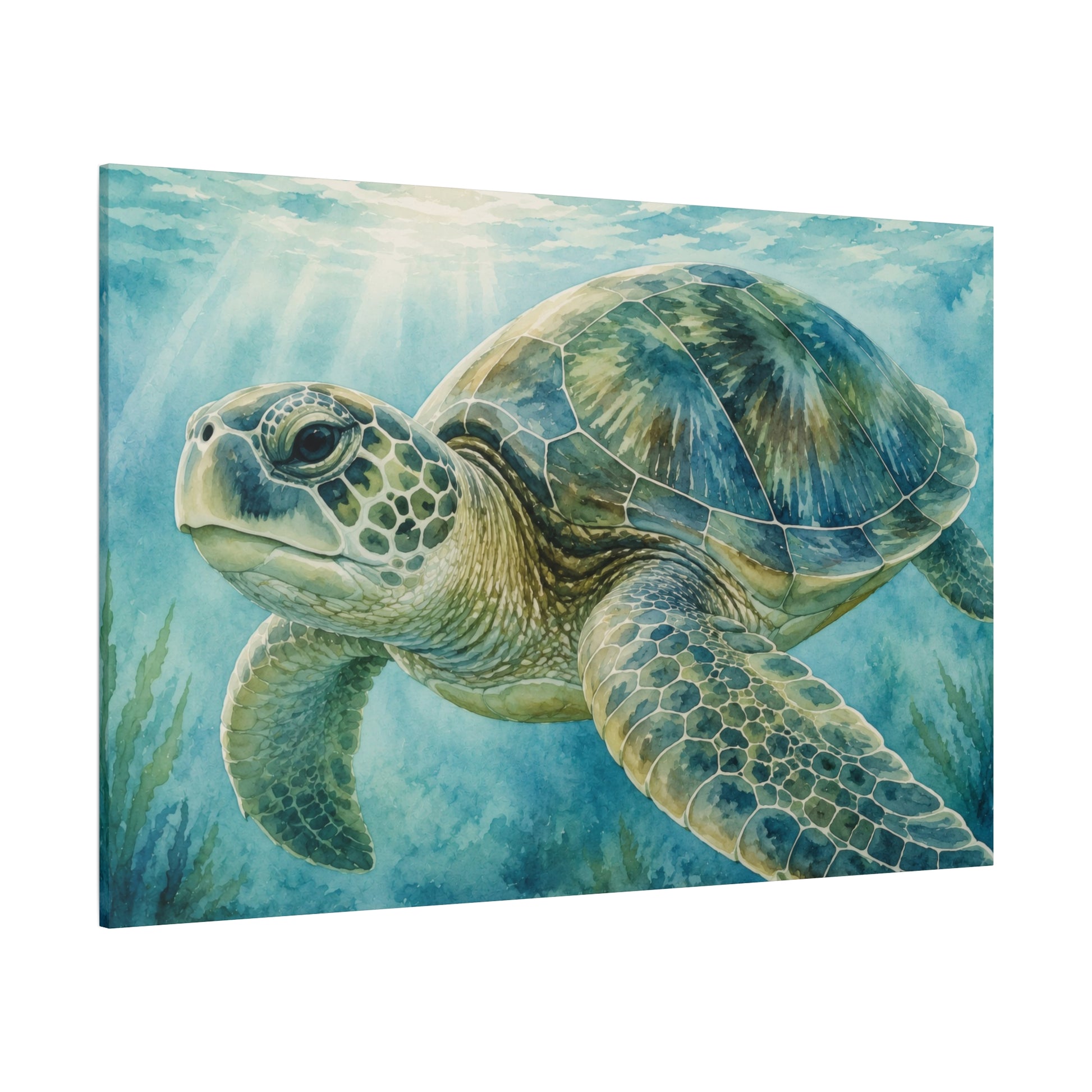 A square canvas wall art print depicting a sea turtle swimming underwater in shades of blue, green, and beige, shown at a slight angle against a white background.