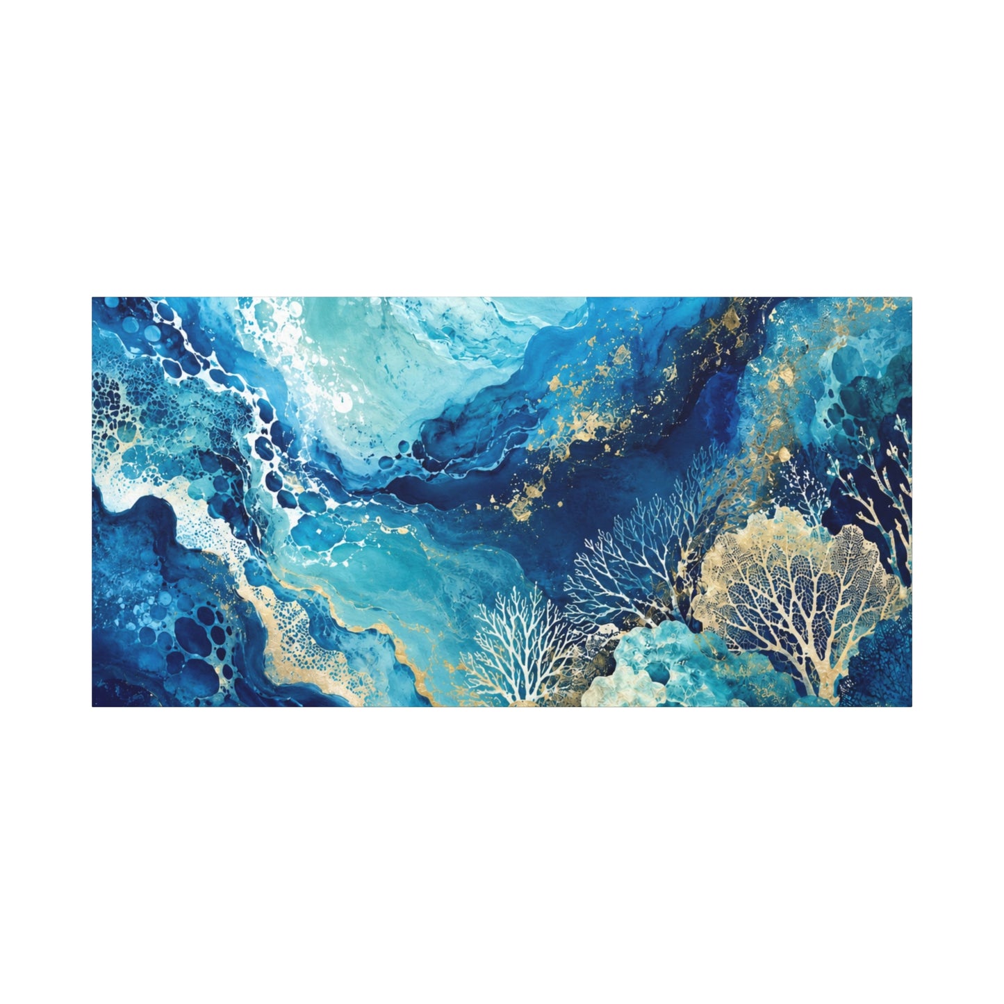 Ocean Abstract Canvas Art - Blue Gold Coral Wave, Stretched Matte Print