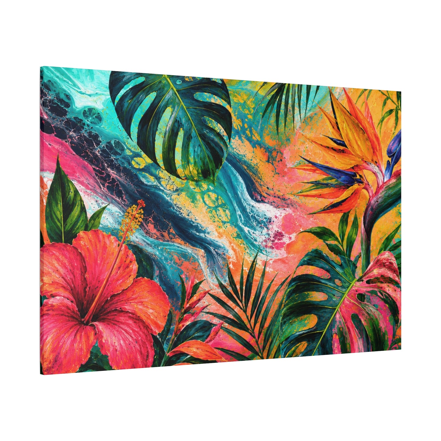 Tropical Floral Canvas Wall Art — Vibrant Hibiscus & Monstera Matte Print