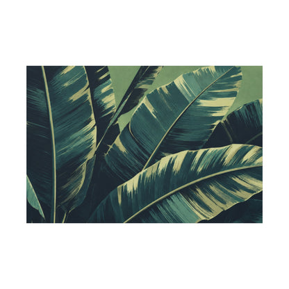 Close-up of green banana leaves on a dark green background