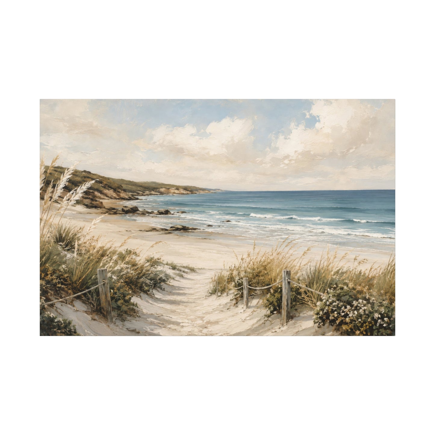 A coastal beach landscape artwork showing a sandy path leading from dune grass toward the ocean, with blue water, white clouds, and a pale sky.