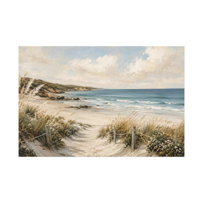 A coastal beach landscape artwork showing a sandy path leading from dune grass toward the ocean, with blue water, white clouds, and a pale sky.