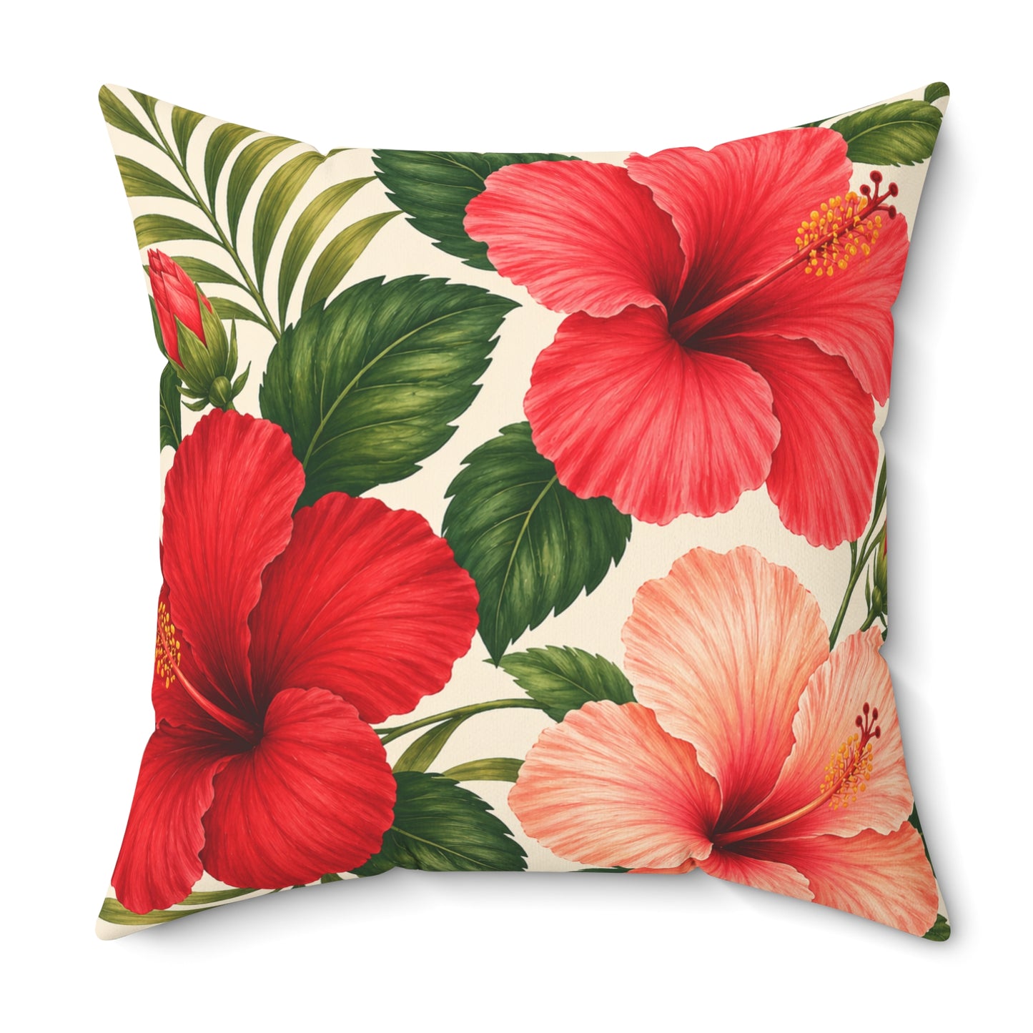 Tropical Hibiscus Throw Pillow – Red Floral Square Decorative Pillow