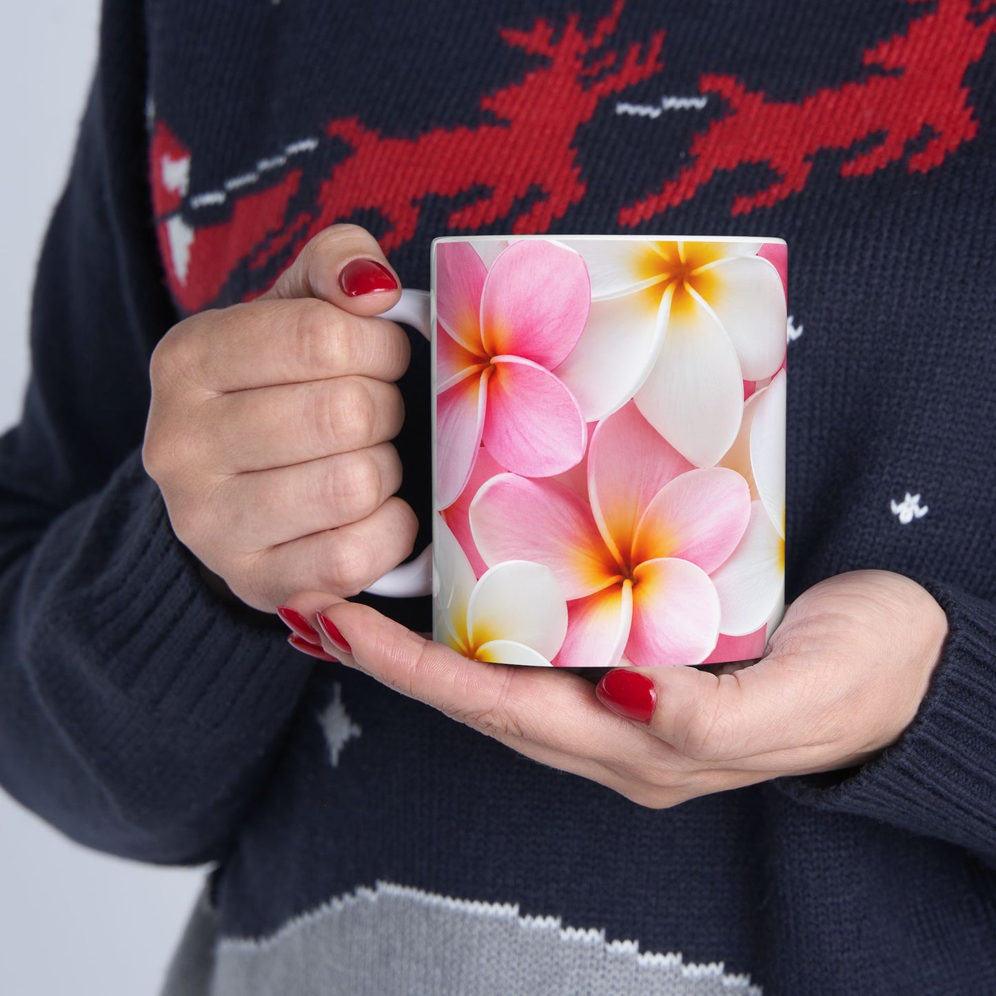 Pink Plumeria Floral Ceramic Mug — Tropical Frangipani Coffee Cup (11oz & 15oz)