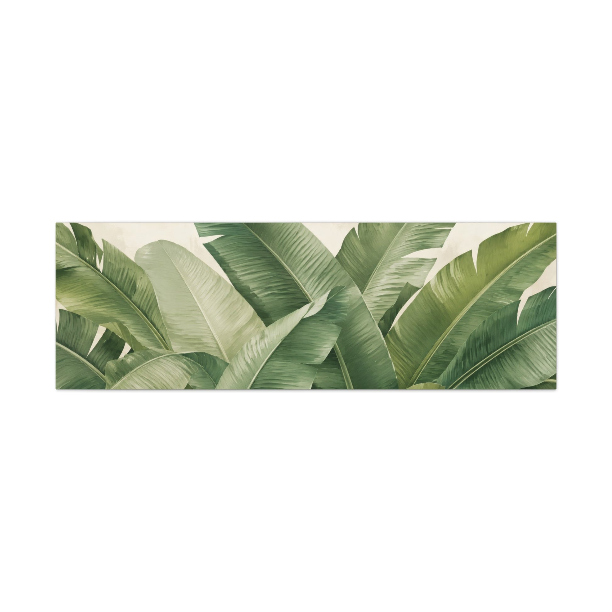 A horizontal rectangular wall art print featuring a close-up tropical pattern of overlapping green banana leaves on a light cream background, shown against a plain white backdrop.
