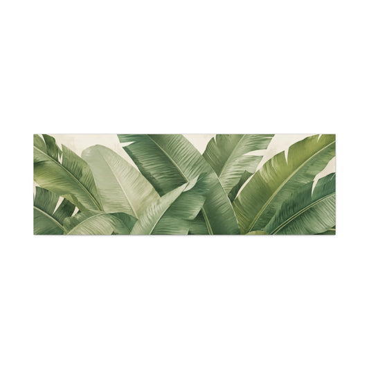 A horizontal rectangular wall art print featuring a close-up tropical pattern of overlapping green banana leaves on a light cream background, shown against a plain white backdrop.