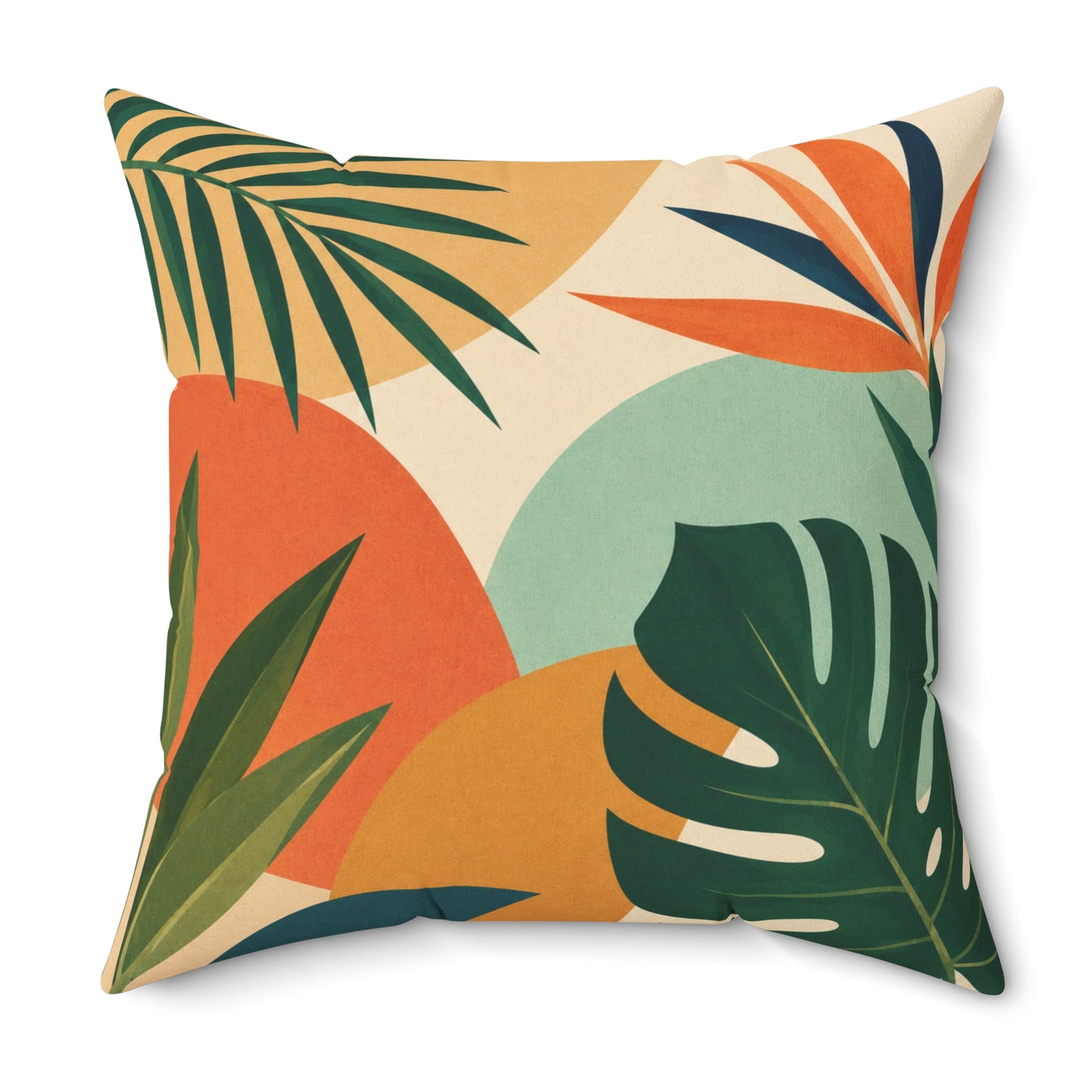 Decorative pillow with tropical leaf pattern on a white background