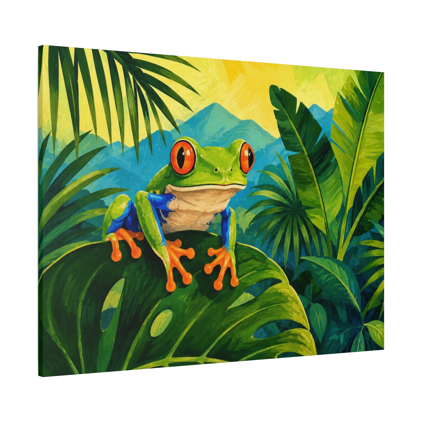 Canvas print of a colorful frog on leaves with a mountain background