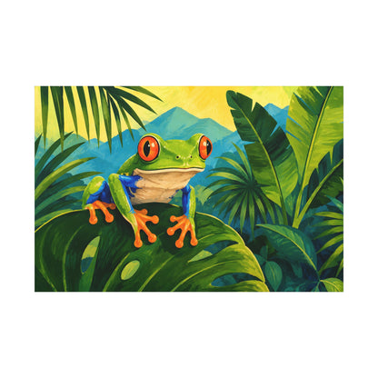 Colorful illustration of a frog in a jungle setting with mountains in the background